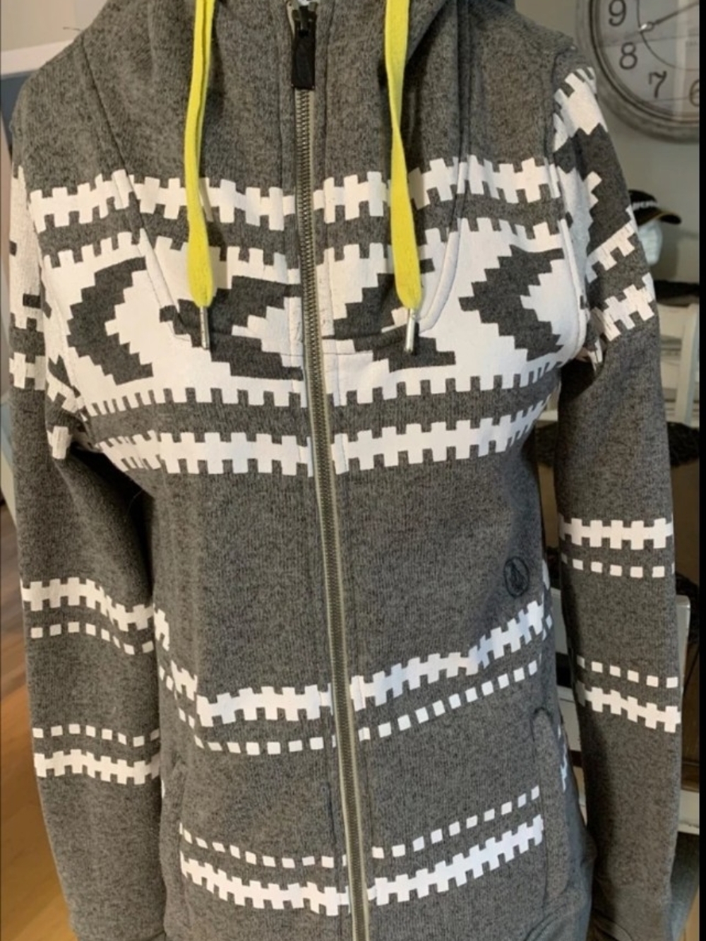 Volcom Gray and White Patterned Zip-Up Hoodie with Yellow Drawstrings